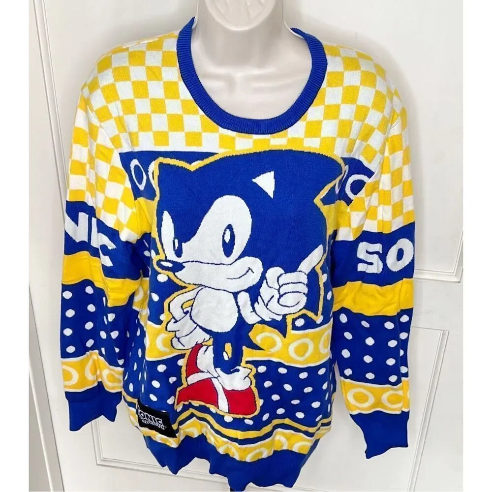 Box Lunch Sonic the Hedgehog Gold Rings Portrait Holiday Sweater New Size Medium